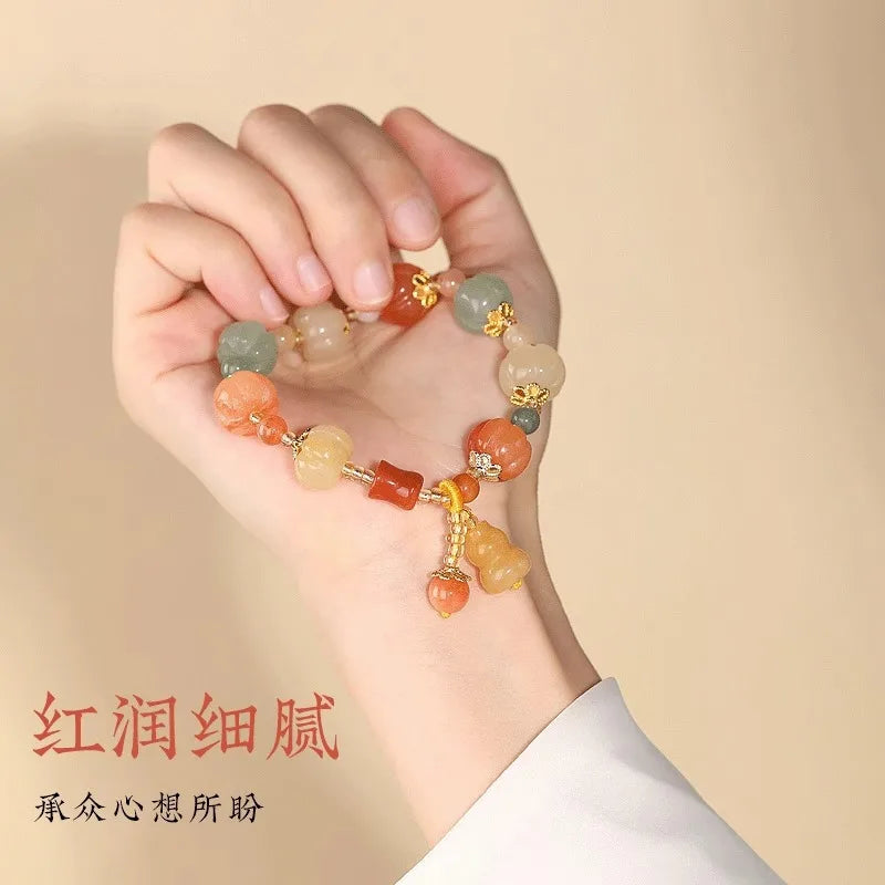 Putuo Mountain Gold Silk Jade Pumpkin Bracelet Bodhi Carving Good Lucky Lotus Pumpkin Buddha Beads Hand String Chinese Jewelry