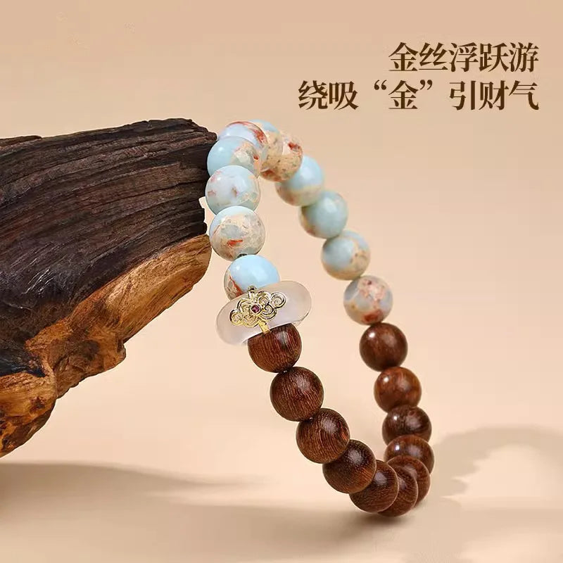 Shoushan Stone Hand String New Chinese Small Leaf Purple Bracelet Single Circle Buddha Bead Wood Golden Sandalwood Ornamental