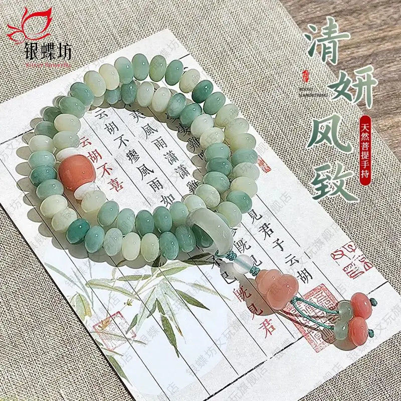 Ice Green Bodhi Root Bracelet Women's New Chinese Style Abacus Beads Handheld Lotus Hand String with Tassel Buddha Beads Jewelry