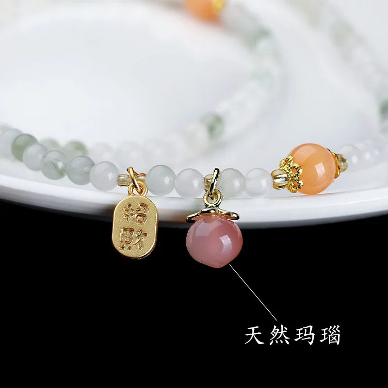 Gold Wire Jade Multi-Circle Bracelet Women's Chinese Style Retro Bracelet Peach Gourd Pendant Beaded Hand String for Girlfriends