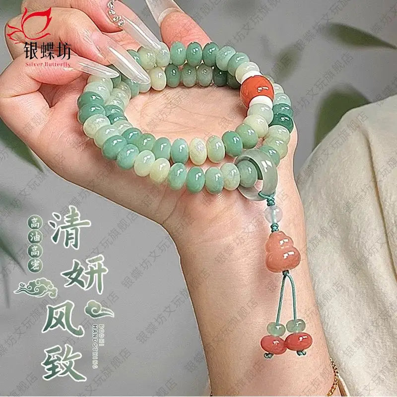 Ice Green Bodhi Root Bracelet Women's New Chinese Style Abacus Beads Handheld Lotus Hand String with Tassel Buddha Beads Jewelry