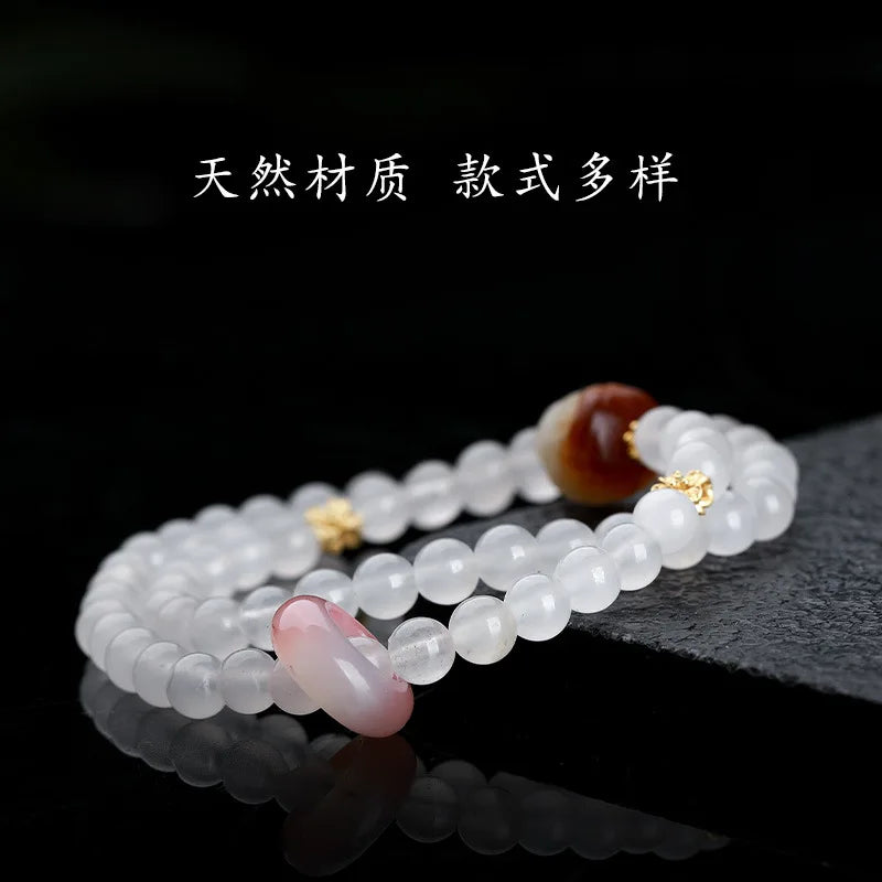 Gold Wire Jade Multi-Circle Bracelet Women's Chinese Style Retro Bracelet Peach Gourd Pendant Beaded Hand String for Girlfriends