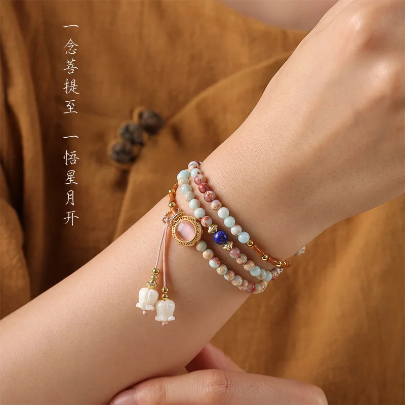 Chinese Style Natural Shoushan Stone with Star Moon Bodhi Bracelet Shell Flower Lucky Beads Fresh Ins Gifts Women's Hand String