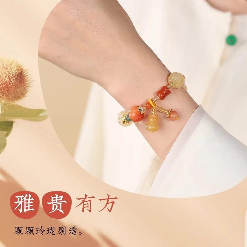 Putuo Mountain Gold Silk Jade Pumpkin Bracelet Bodhi Carving Good Lucky Lotus Pumpkin Buddha Beads Hand String Chinese Jewelry
